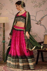 Pink Poly Satin Checks Printed Chaniya Choli