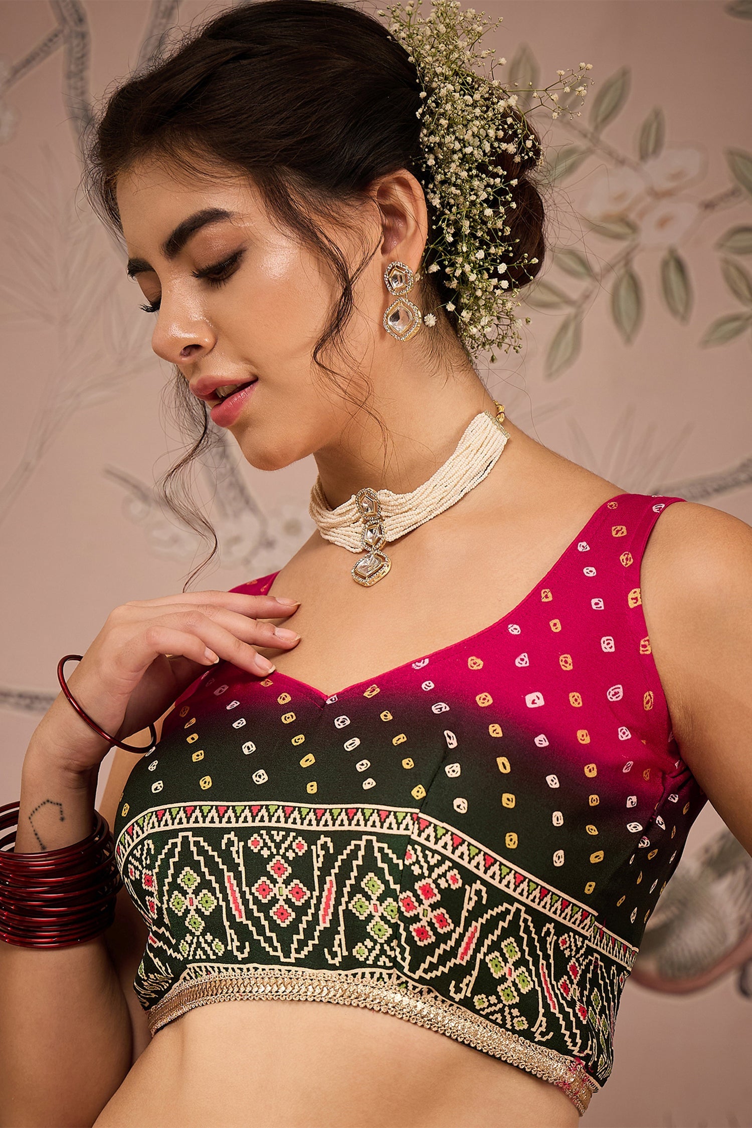 Pink Poly Satin Checks Printed Chaniya Choli