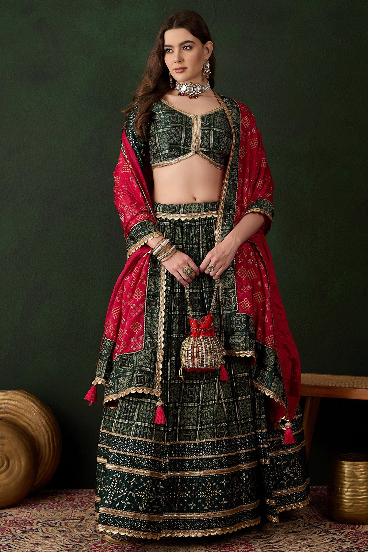 Green Poly Moos Satin Silk Printed Chaniya Choli