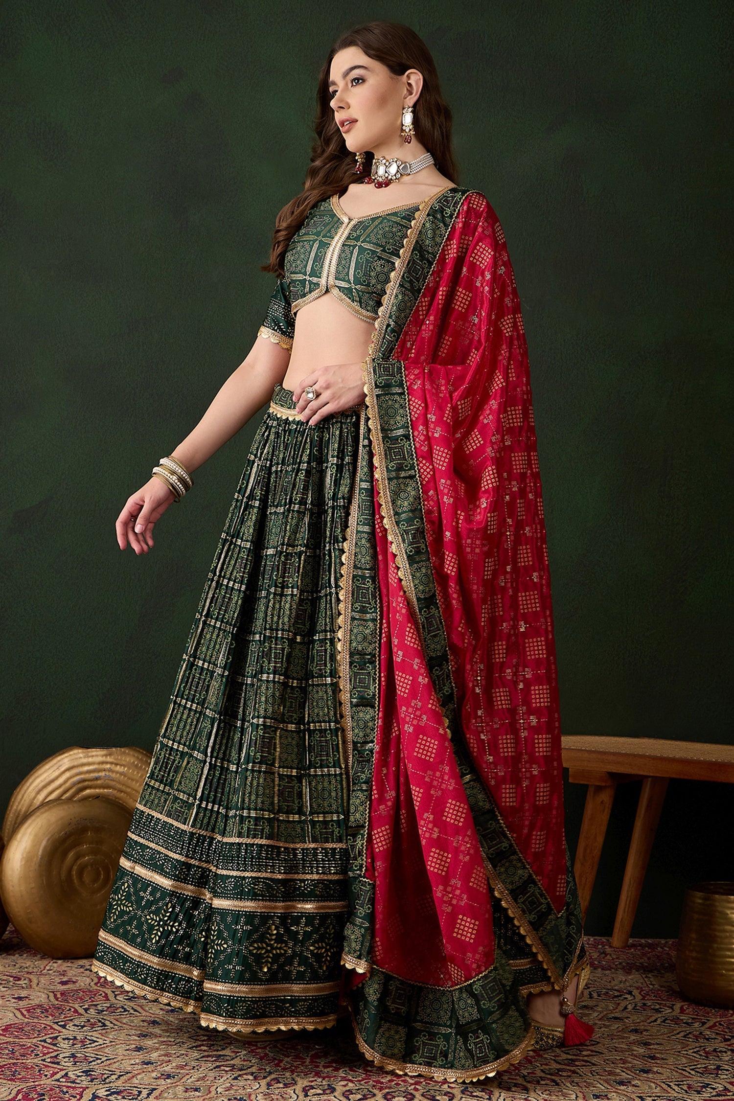 Green Poly Moos Satin Silk Printed Chaniya Choli