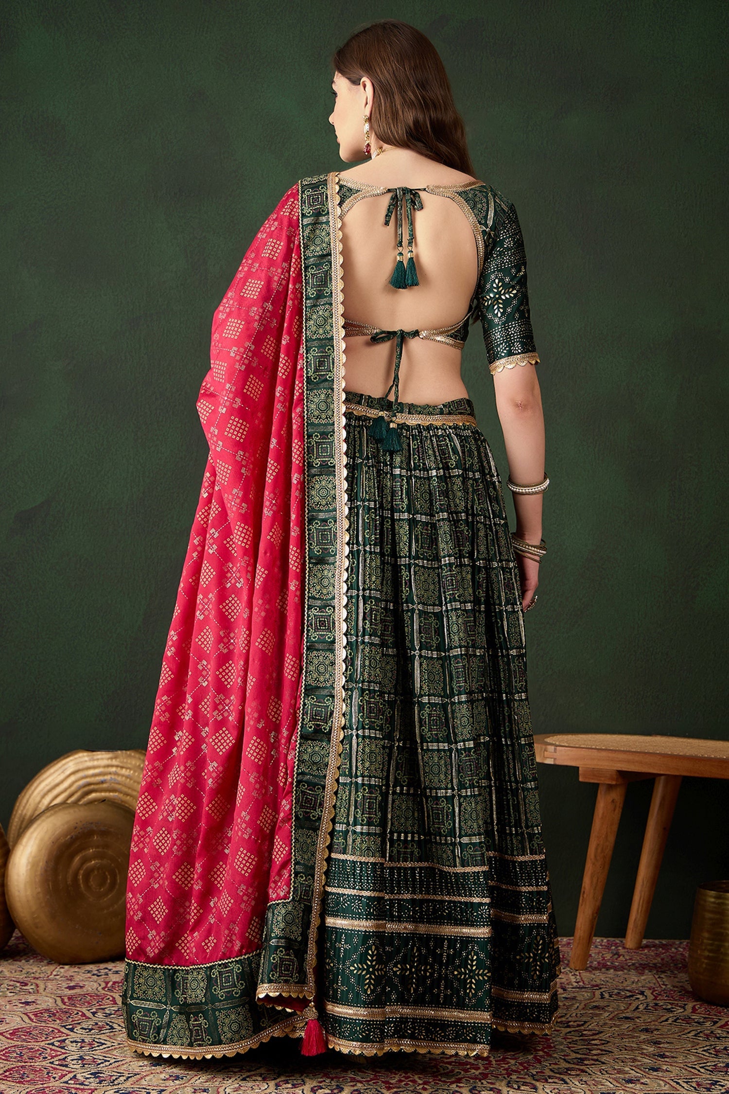 Green Poly Moos Satin Silk Printed Chaniya Choli