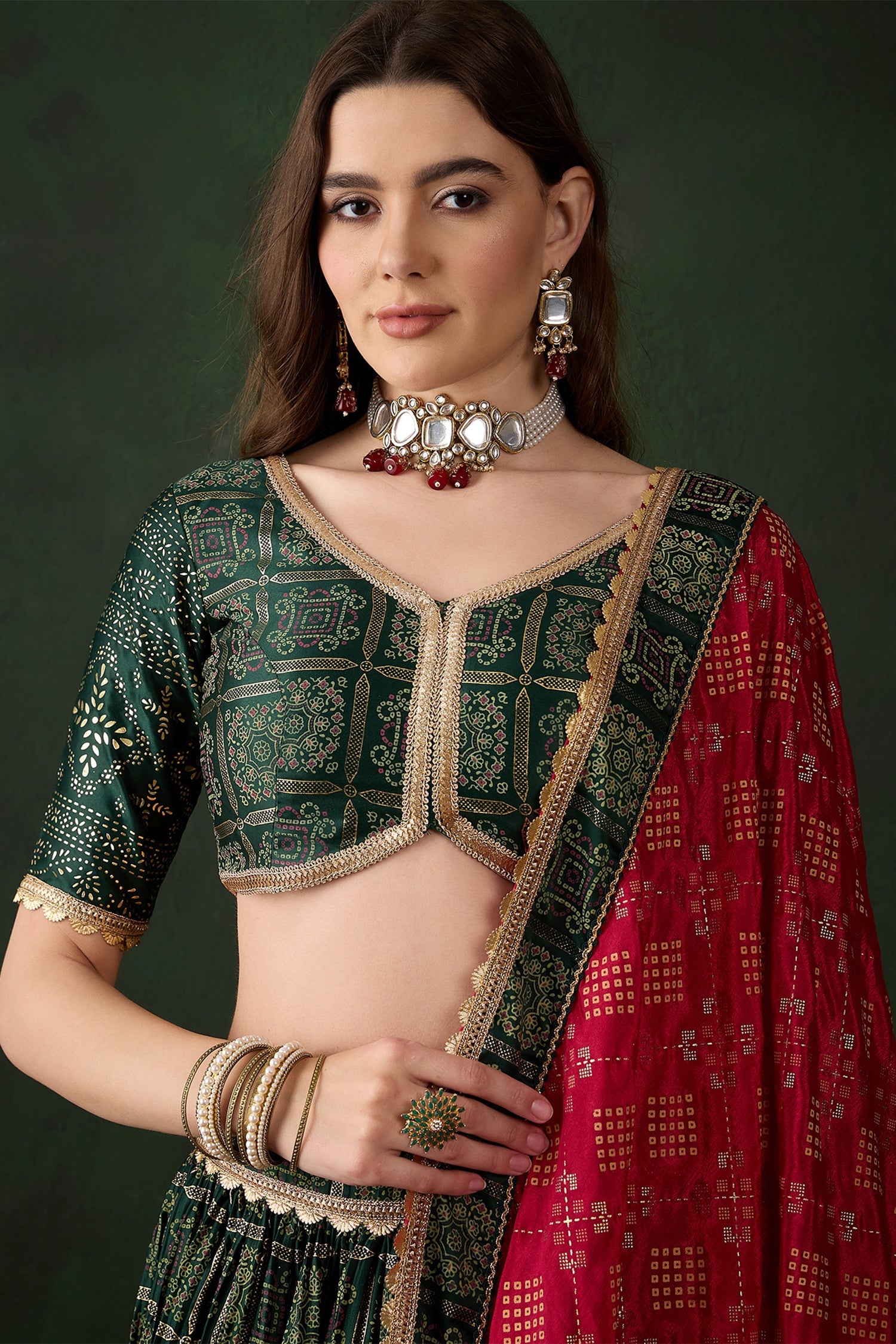 Green Poly Moos Satin Silk Printed Chaniya Choli