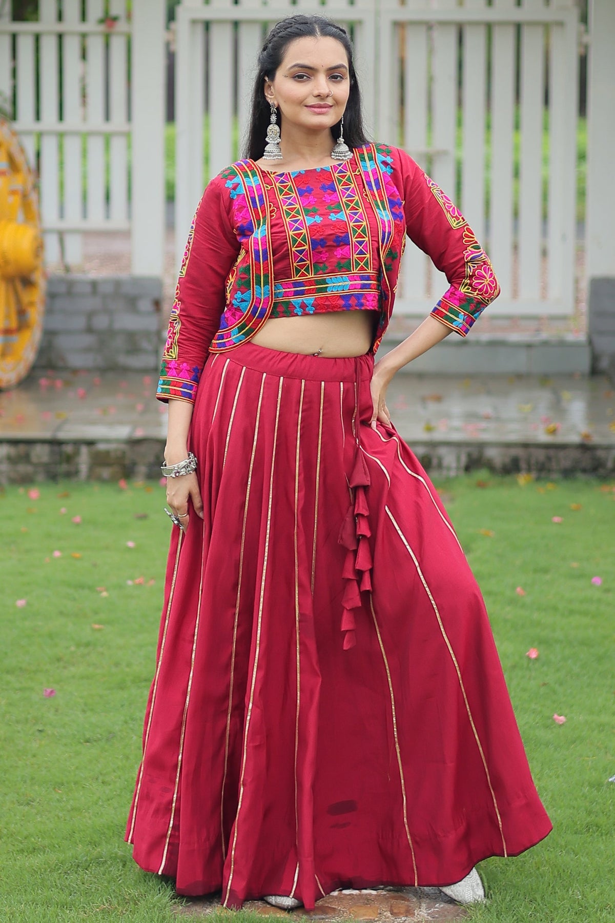 Maroon Roman Silk Lehenga with Kachchi Worked Crop Top and Jacket