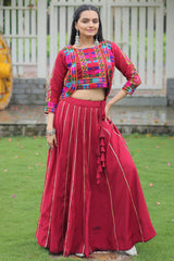 Maroon Roman Silk Lehenga with Kachchi Worked Crop Top and Jacket