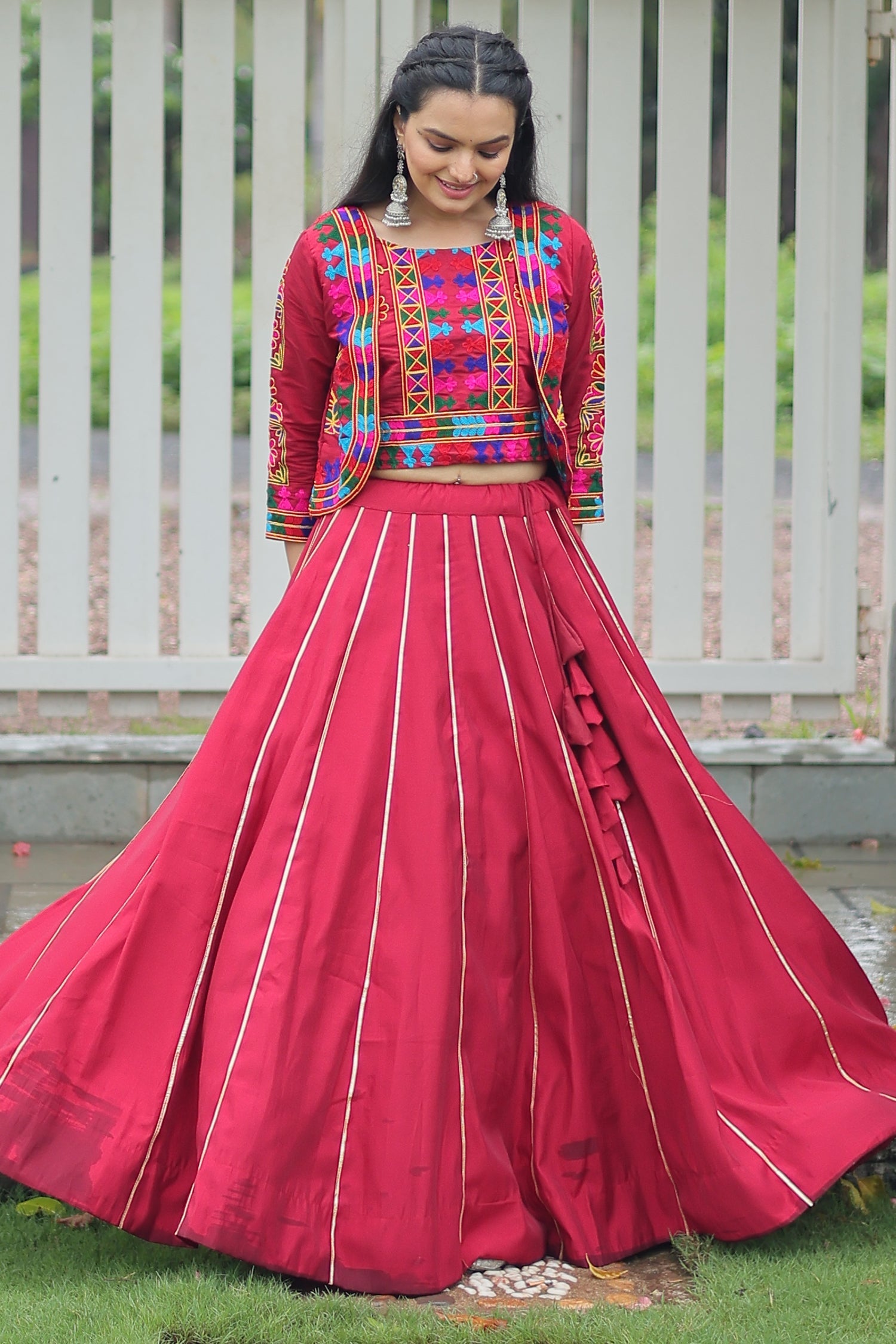 Maroon Roman Silk Lehenga with Kachchi Worked Crop Top and Jacket