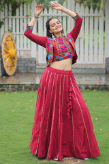 Maroon Roman Silk Lehenga with Kachchi Worked Crop Top and Jacket