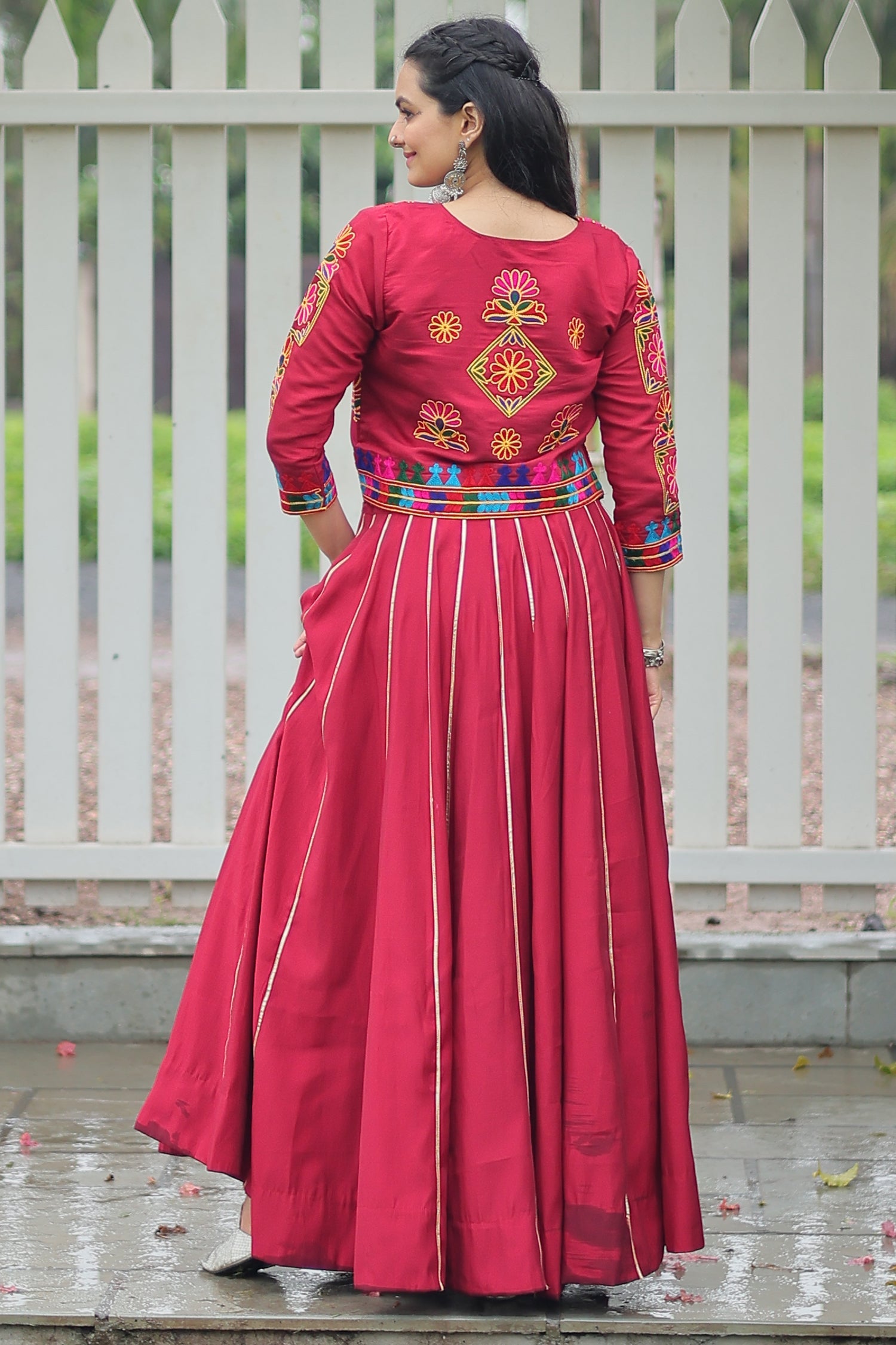 Maroon Roman Silk Lehenga with Kachchi Worked Crop Top and Jacket