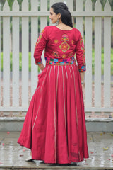Maroon Roman Silk Lehenga with Kachchi Worked Crop Top and Jacket