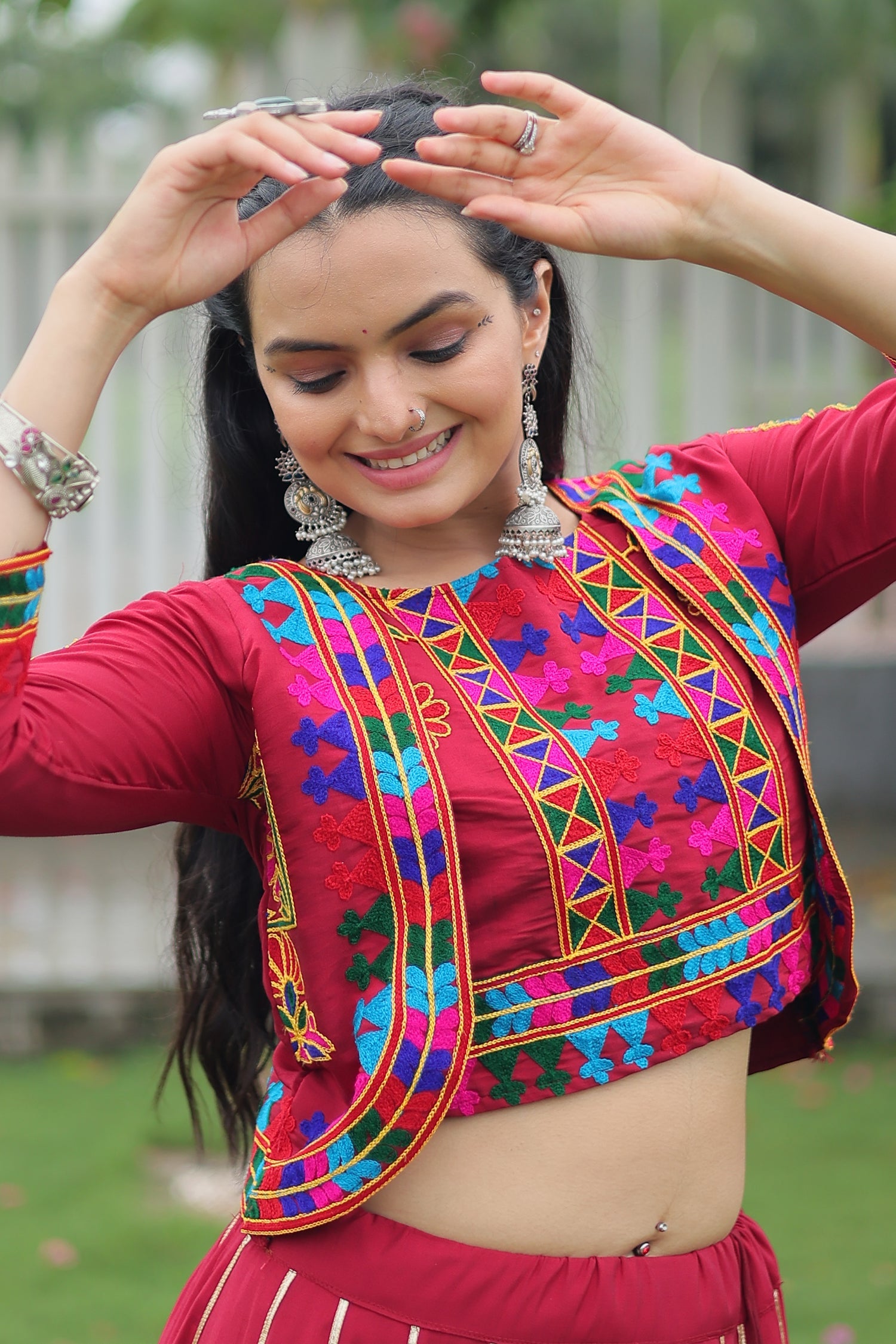 Maroon Roman Silk Lehenga with Kachchi Worked Crop Top and Jacket