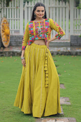 Olive Green Roman Silk Lehenga with Kachchi Worked Crop Top and Jacket