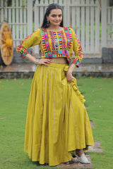 Olive Green Roman Silk Lehenga with Kachchi Worked Crop Top and Jacket