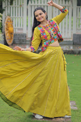 Olive Green Roman Silk Lehenga with Kachchi Worked Crop Top and Jacket