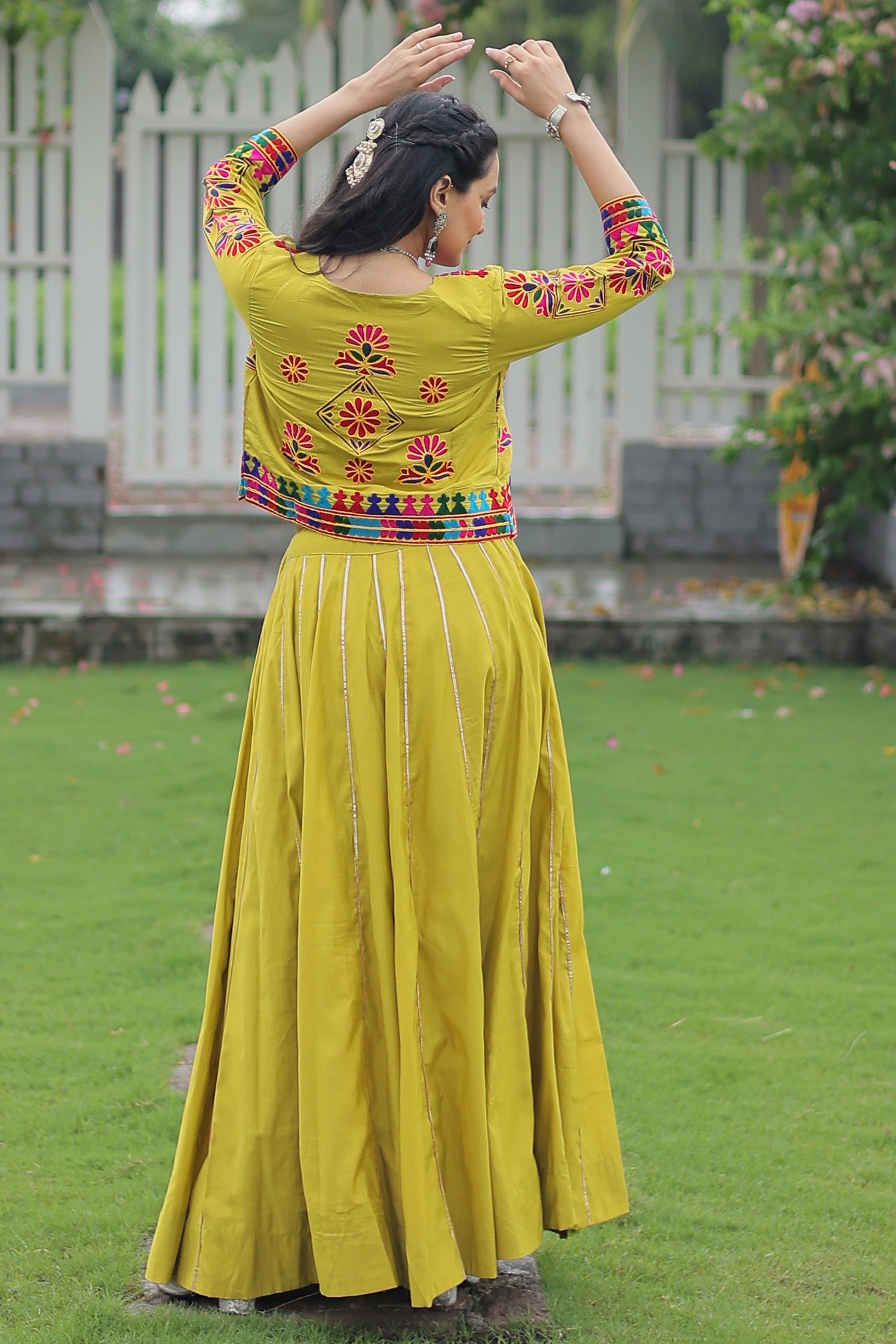 Olive Green Roman Silk Lehenga with Kachchi Worked Crop Top and Jacket