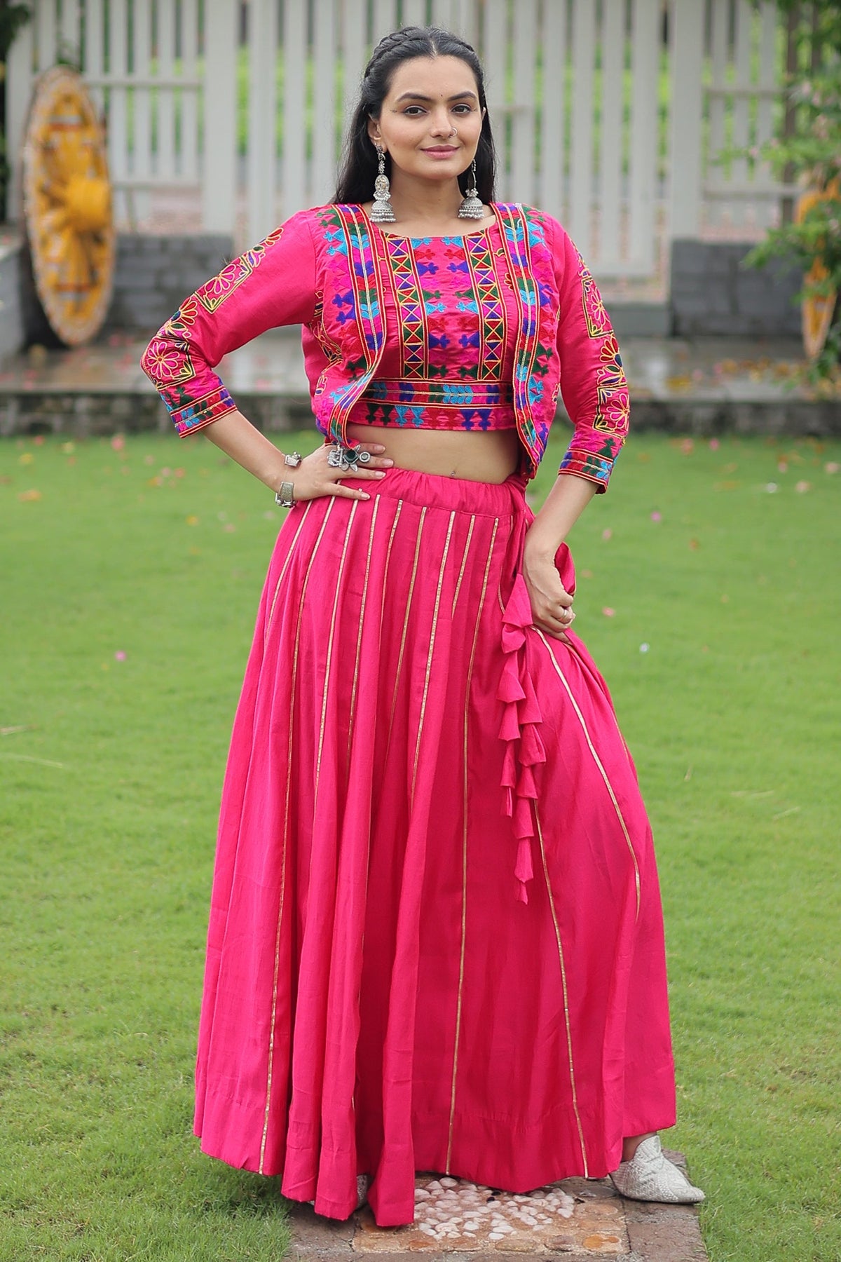 Pink Roman Silk Lehenga with Kachchi Worked Crop Top and Jacket