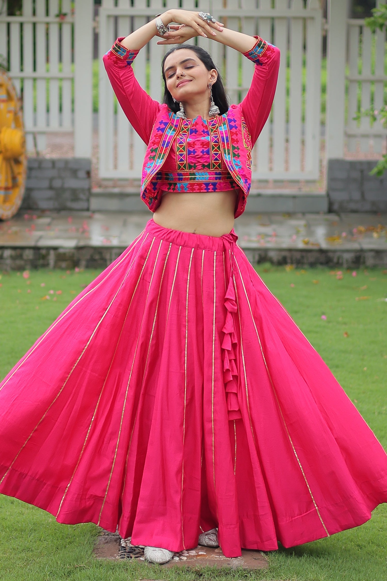 Pink Roman Silk Lehenga with Kachchi Worked Crop Top and Jacket