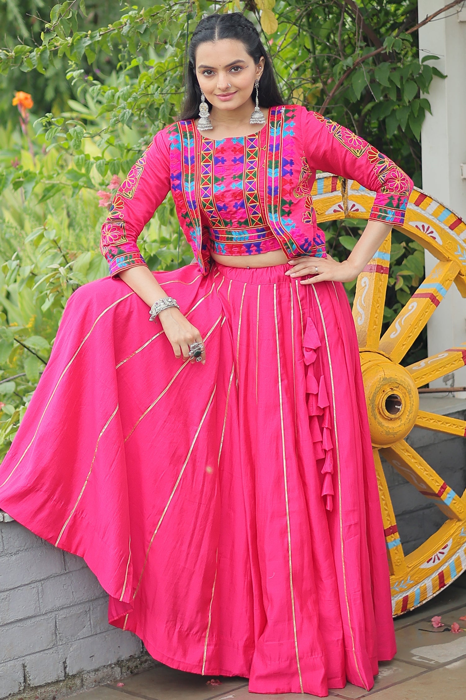Pink Roman Silk Lehenga with Kachchi Worked Crop Top and Jacket