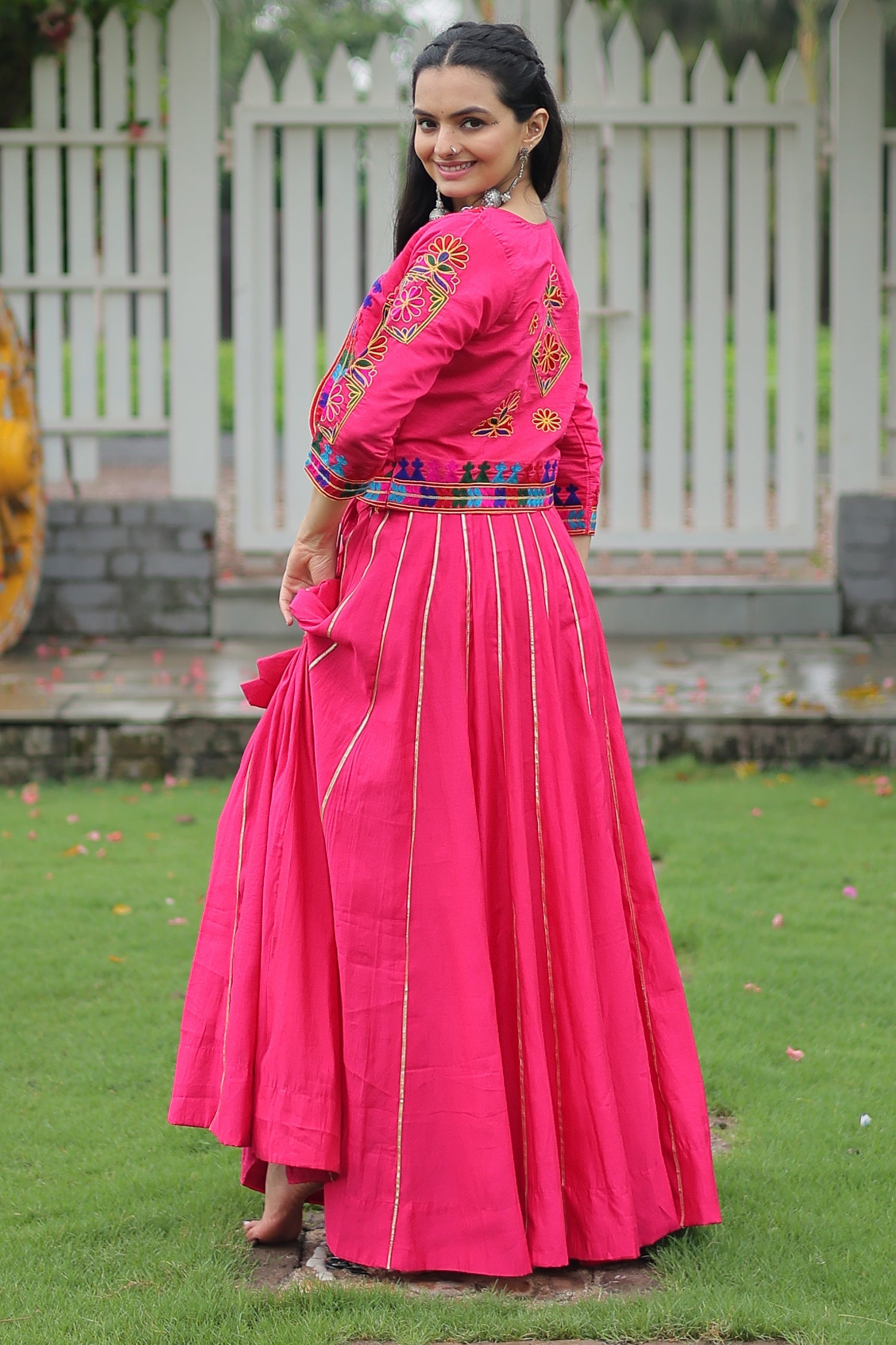 Pink Roman Silk Lehenga with Kachchi Worked Crop Top and Jacket