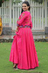 Pink Roman Silk Lehenga with Kachchi Worked Crop Top and Jacket