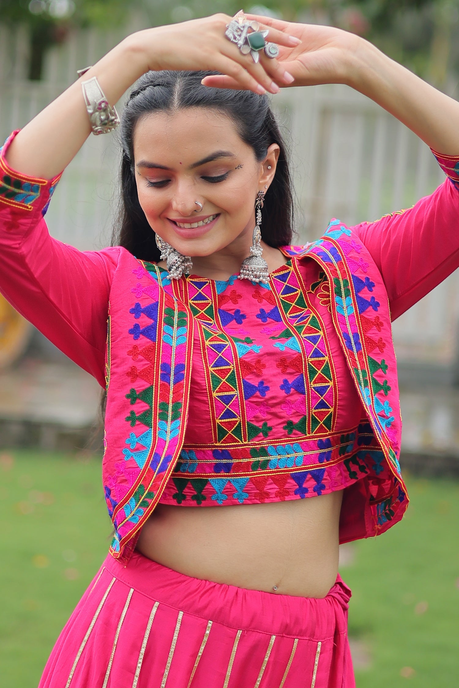 Pink Roman Silk Lehenga with Kachchi Worked Crop Top and Jacket