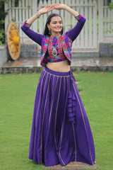 Purple Roman Silk Lehenga with Kachchi Worked Crop Top and Jacket