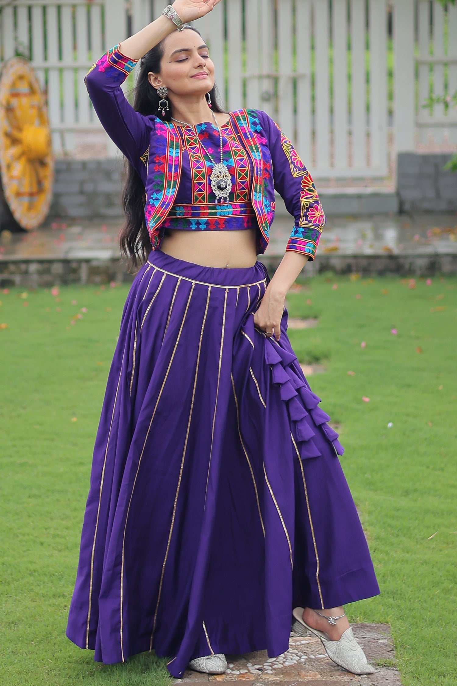 Purple Roman Silk Lehenga with Kachchi Worked Crop Top and Jacket