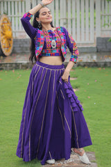 Purple Roman Silk Lehenga with Kachchi Worked Crop Top and Jacket