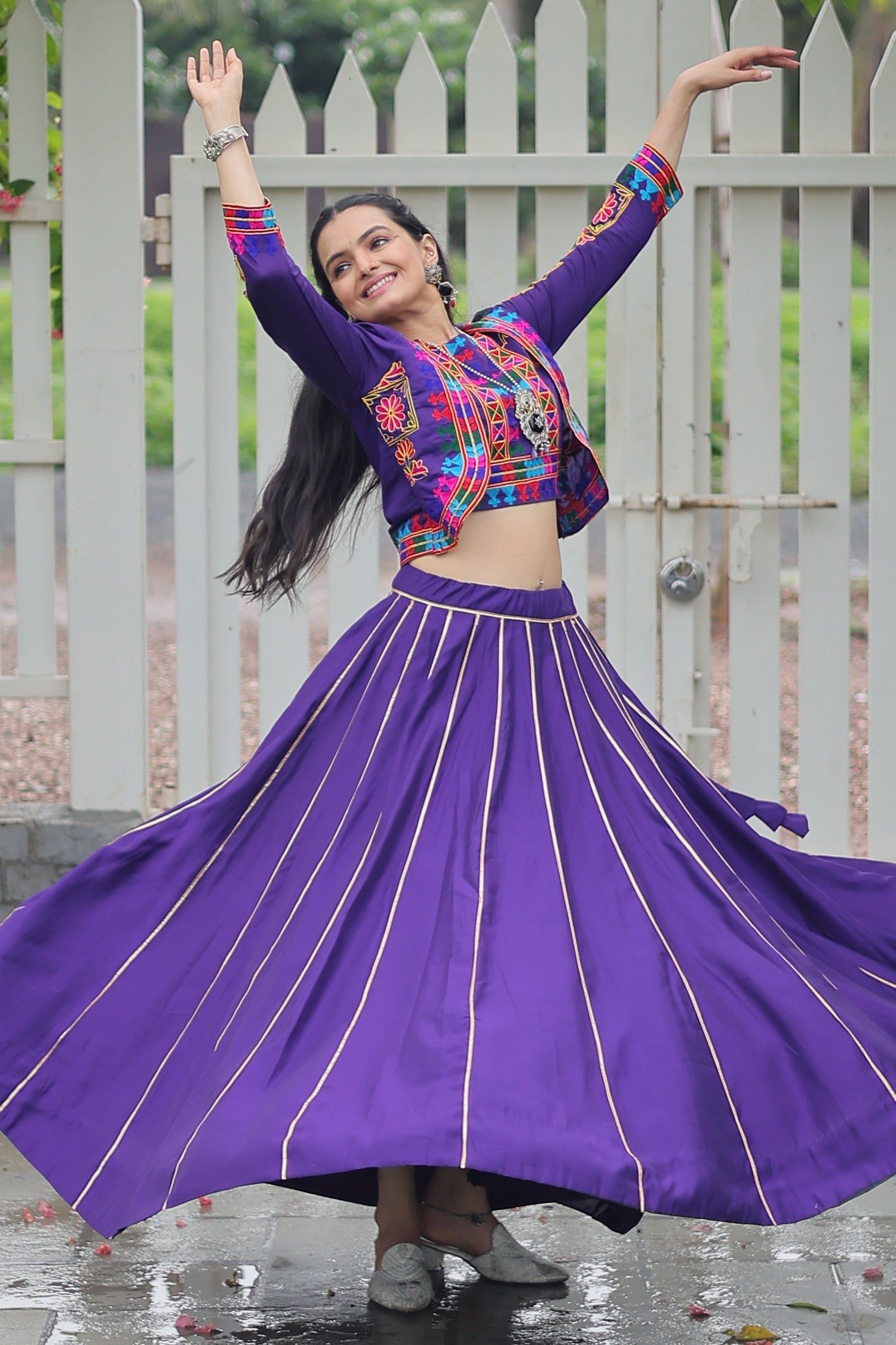Purple Roman Silk Lehenga with Kachchi Worked Crop Top and Jacket