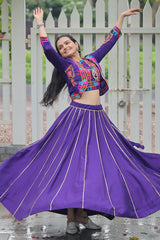 Purple Roman Silk Lehenga with Kachchi Worked Crop Top and Jacket