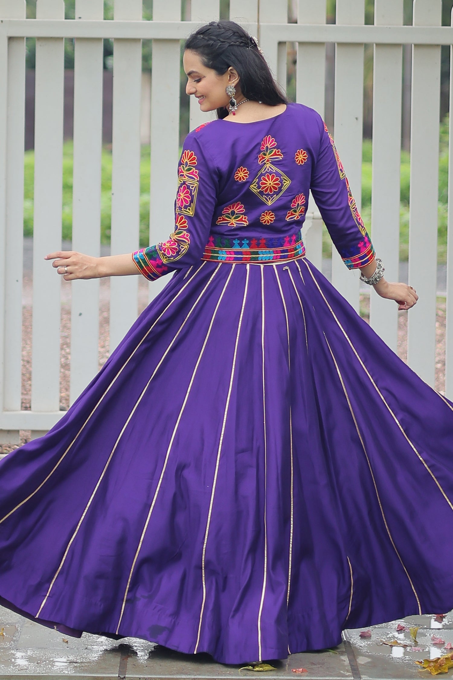 Purple Roman Silk Lehenga with Kachchi Worked Crop Top and Jacket