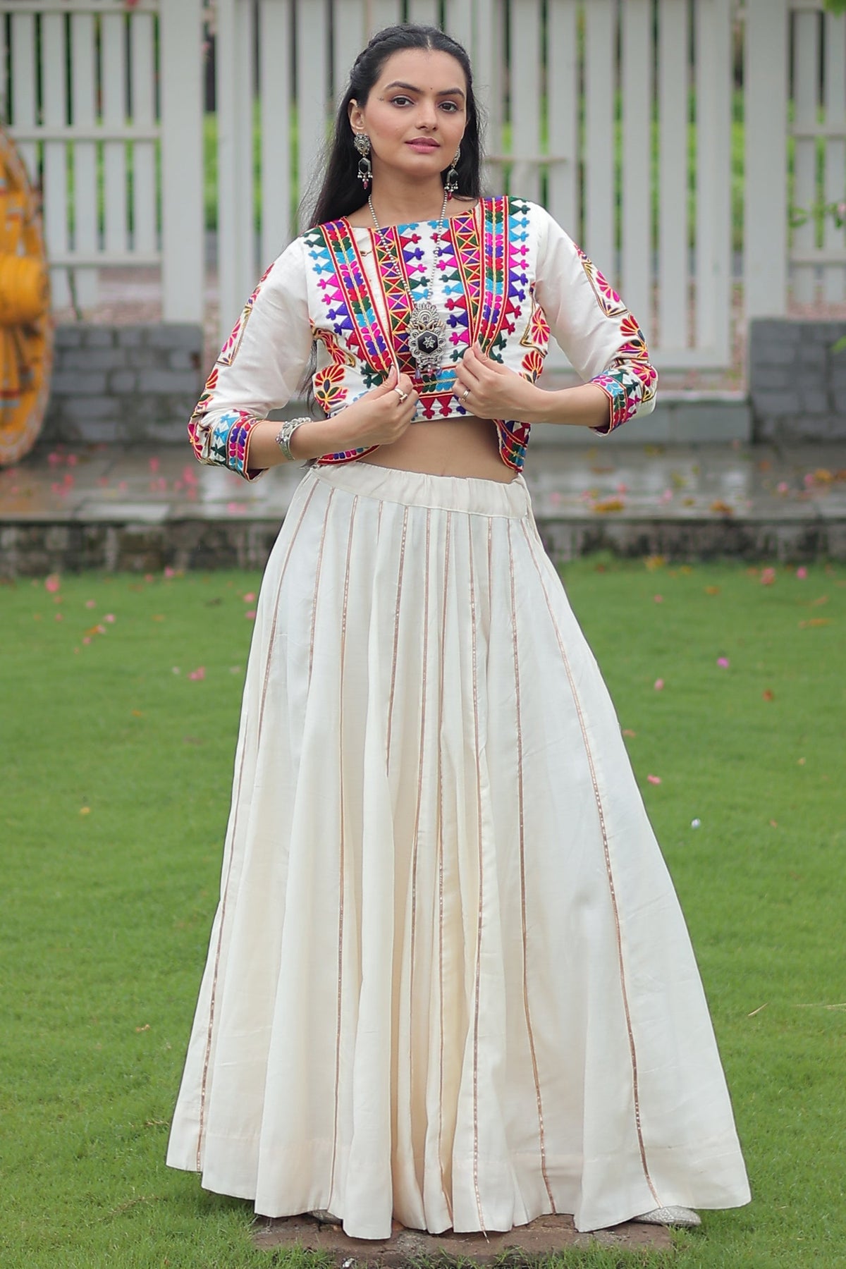 Off White Roman Silk Lehenga with Kachchi Worked Crop Top and Jacket