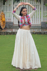 Off White Roman Silk Lehenga with Kachchi Worked Crop Top and Jacket