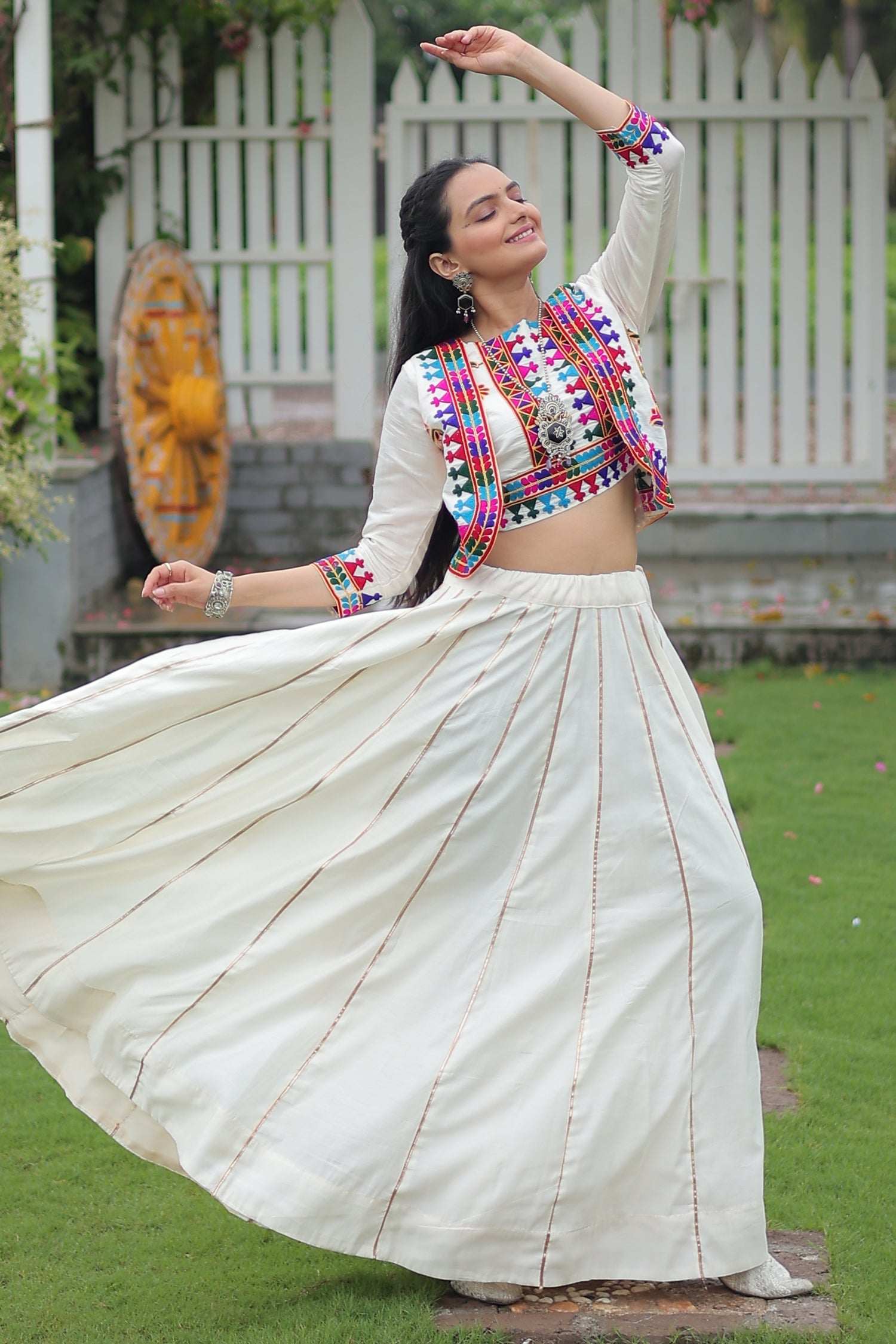 Off White Roman Silk Lehenga with Kachchi Worked Crop Top and Jacket