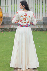 Off White Roman Silk Lehenga with Kachchi Worked Crop Top and Jacket