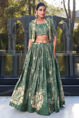 Dusty Teal Tussar Silk Floral Printed Crop Top Lehenga with Jacket