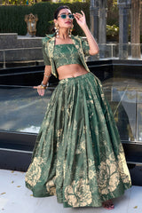 Dusty Teal Tussar Silk Floral Printed Crop Top Lehenga with Jacket
