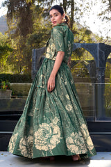 Dusty Teal Tussar Silk Floral Printed Crop Top Lehenga with Jacket