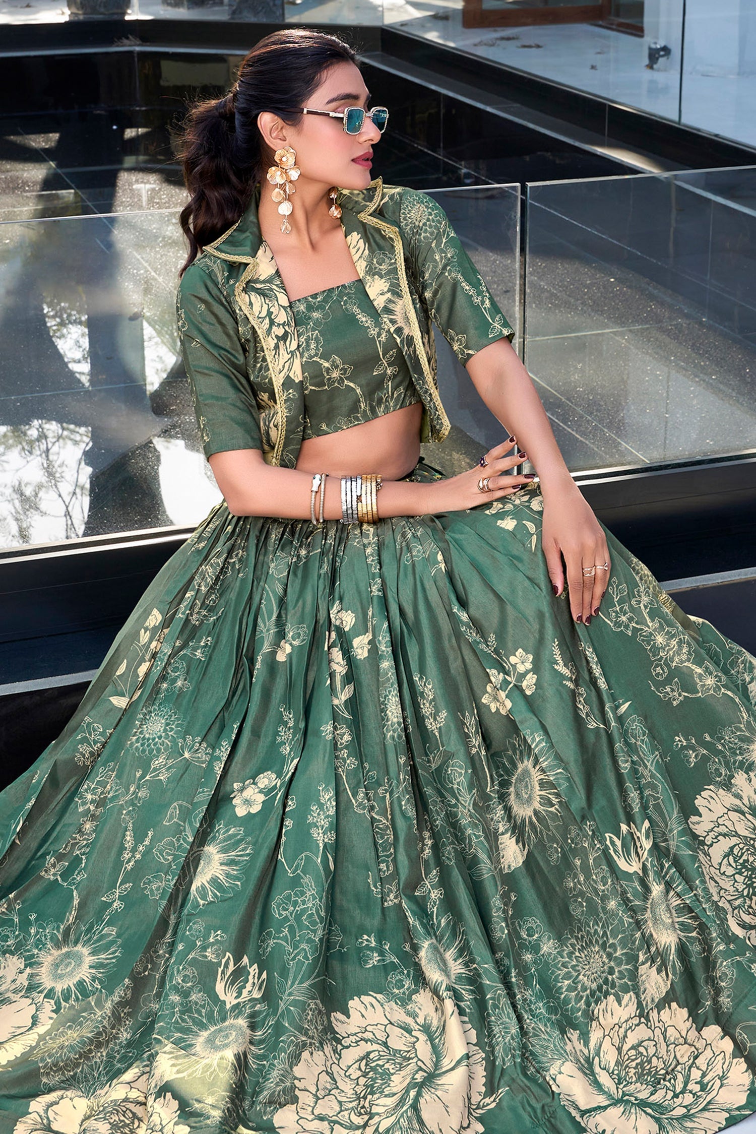 Dusty Teal Tussar Silk Floral Printed Crop Top Lehenga with Jacket