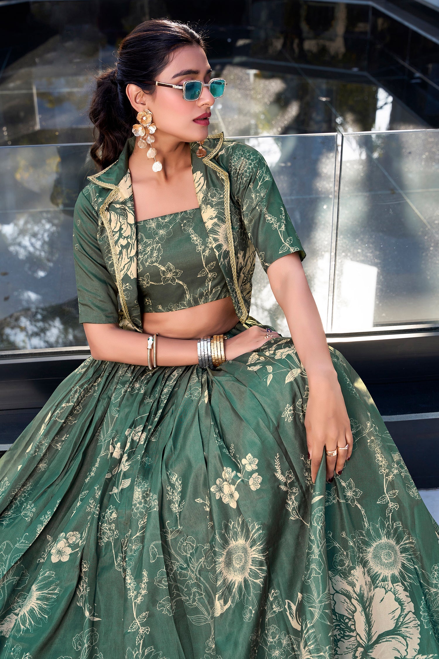 Dusty Teal Tussar Silk Floral Printed Crop Top Lehenga with Jacket