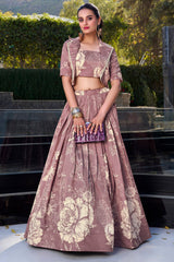 Onion Pink Tussar Silk Floral Printed Crop Top Lehenga with Jacket