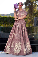 Onion Pink Tussar Silk Floral Printed Crop Top Lehenga with Jacket