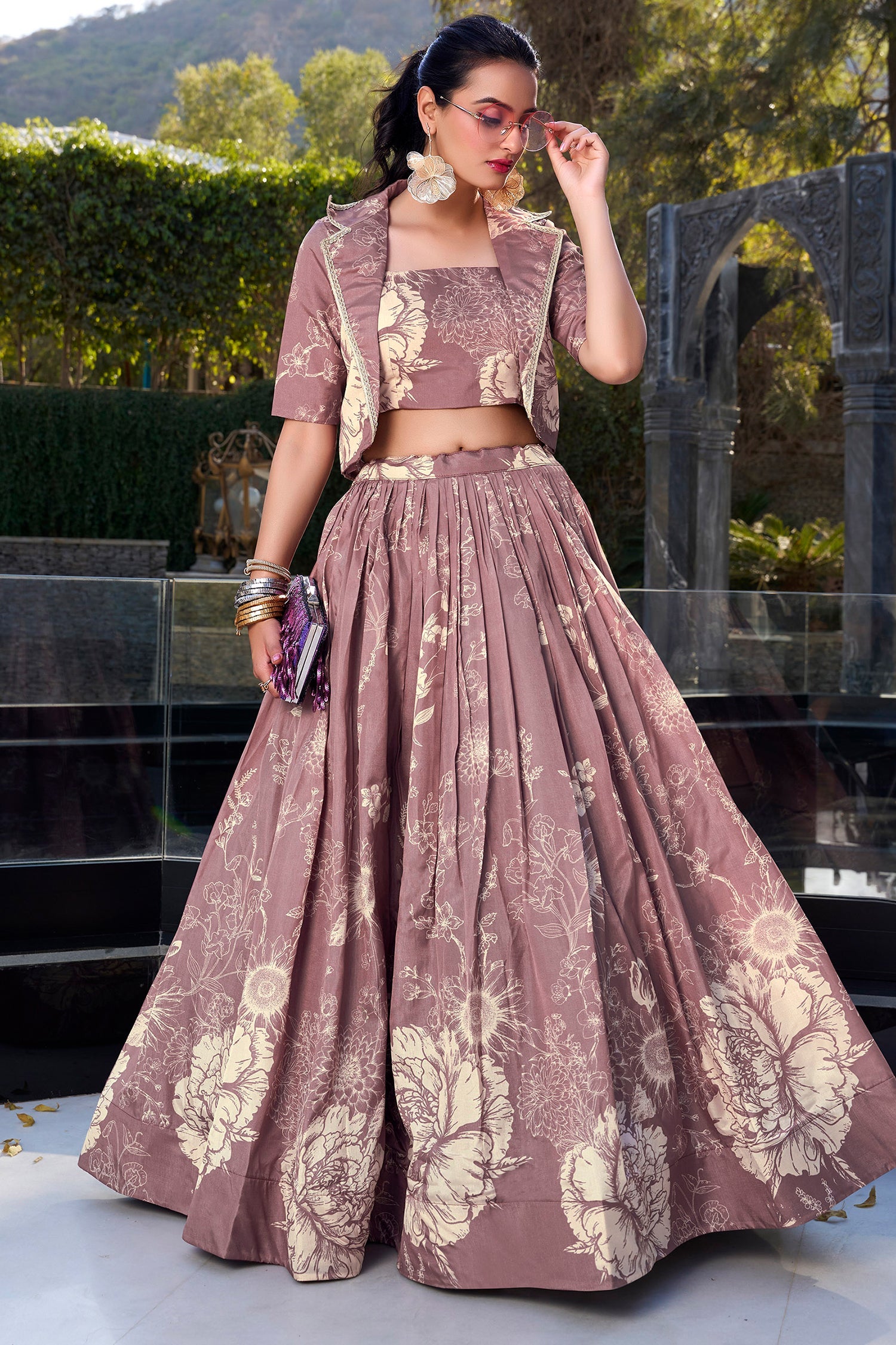 Onion Pink Tussar Silk Floral Printed Crop Top Lehenga with Jacket