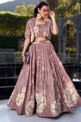 Onion Pink Tussar Silk Floral Printed Crop Top Lehenga with Jacket