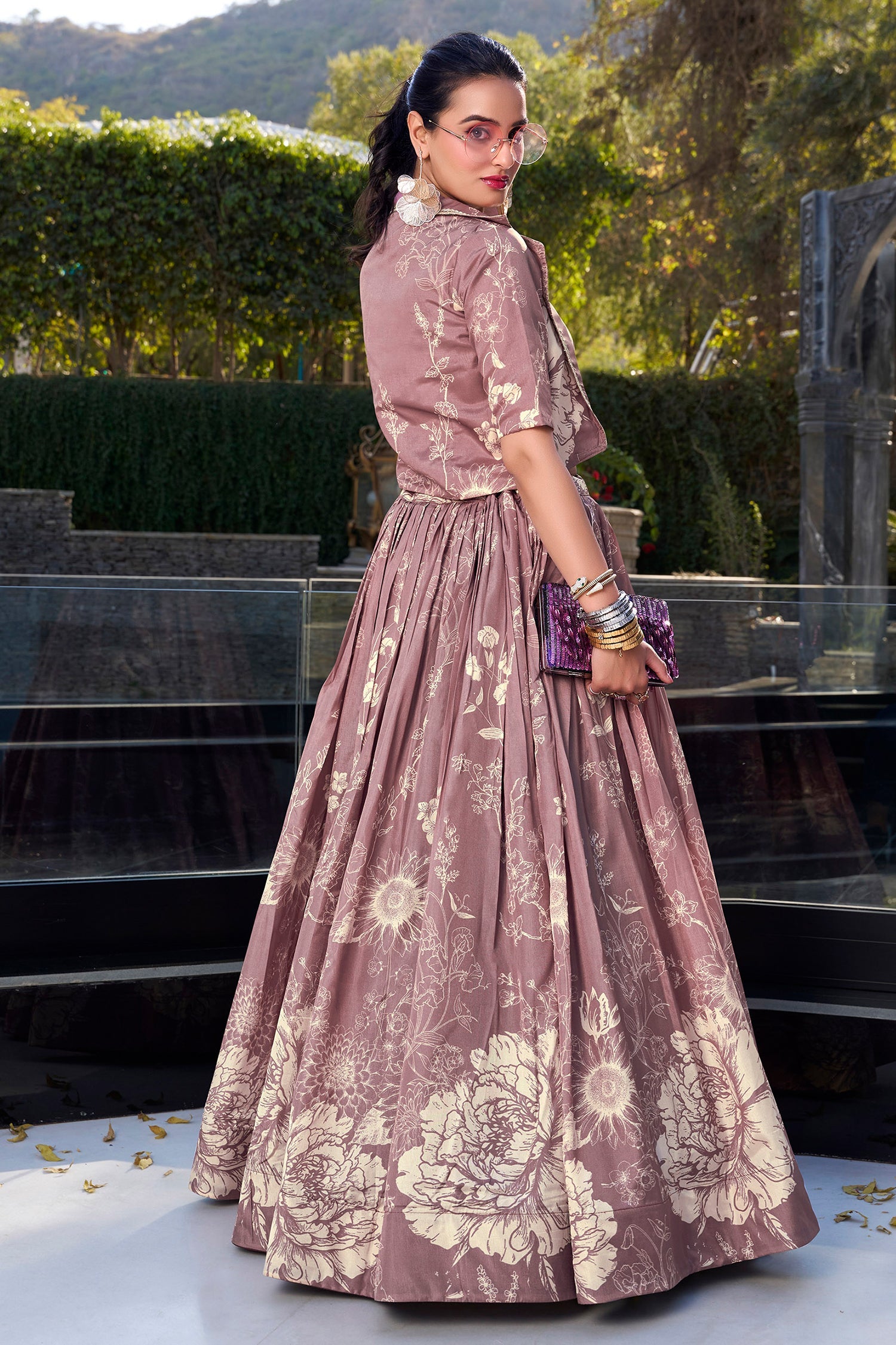 Onion Pink Tussar Silk Floral Printed Crop Top Lehenga with Jacket