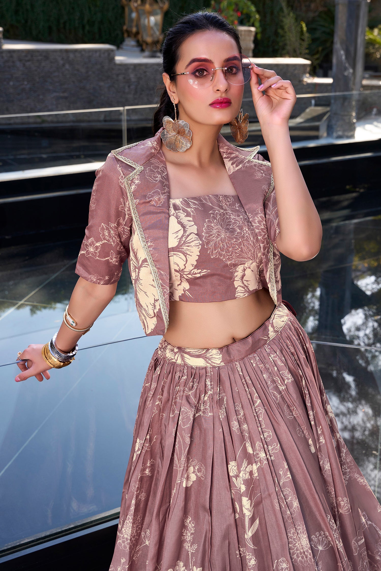 Onion Pink Tussar Silk Floral Printed Crop Top Lehenga with Jacket