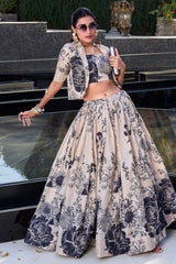 Off White Tussar Silk Floral Print Crop Top Lehenga with Jacket