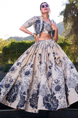 Off White Tussar Silk Floral Print Crop Top Lehenga with Jacket