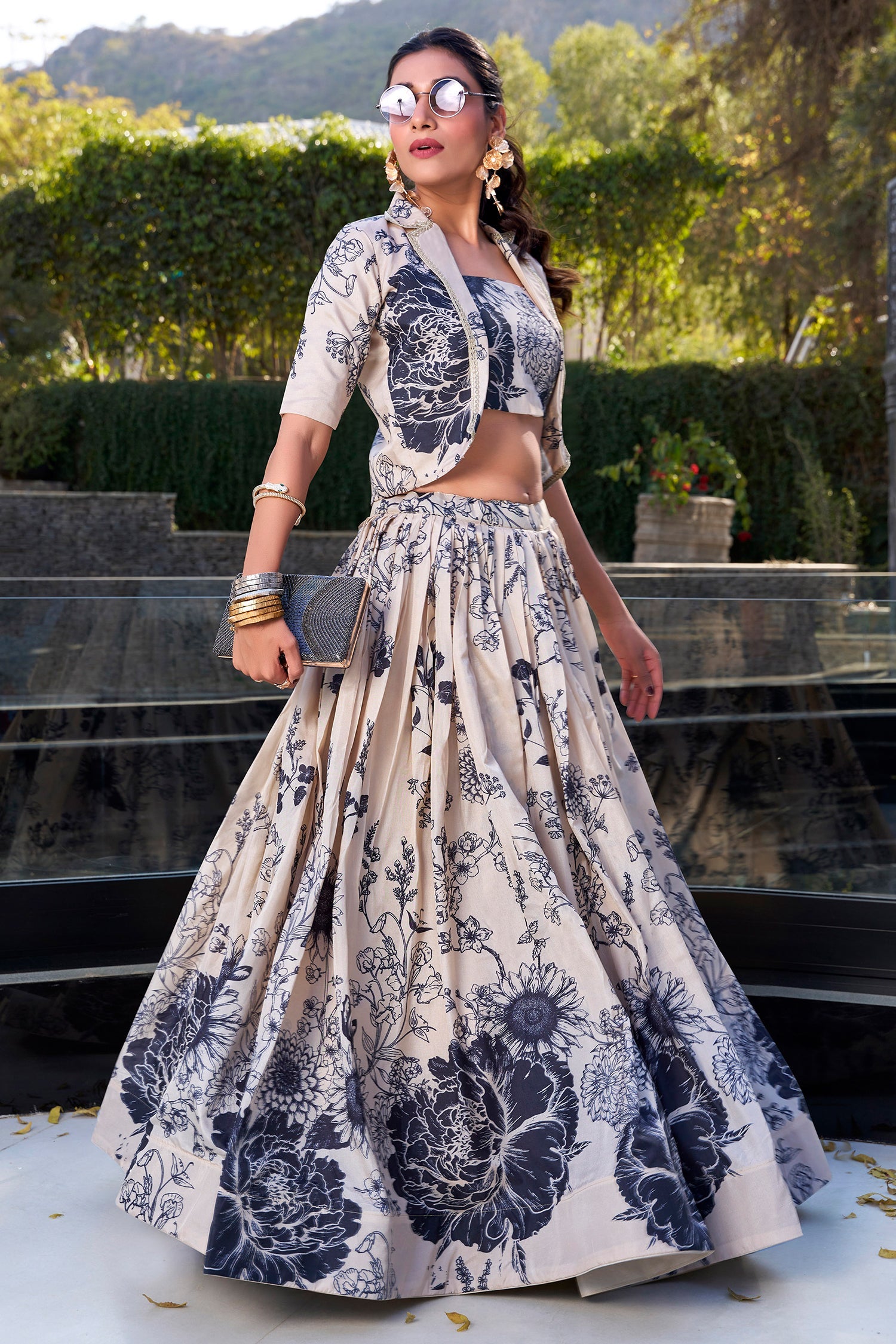 Off White Tussar Silk Floral Print Crop Top Lehenga with Jacket