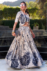 Off White Tussar Silk Floral Print Crop Top Lehenga with Jacket