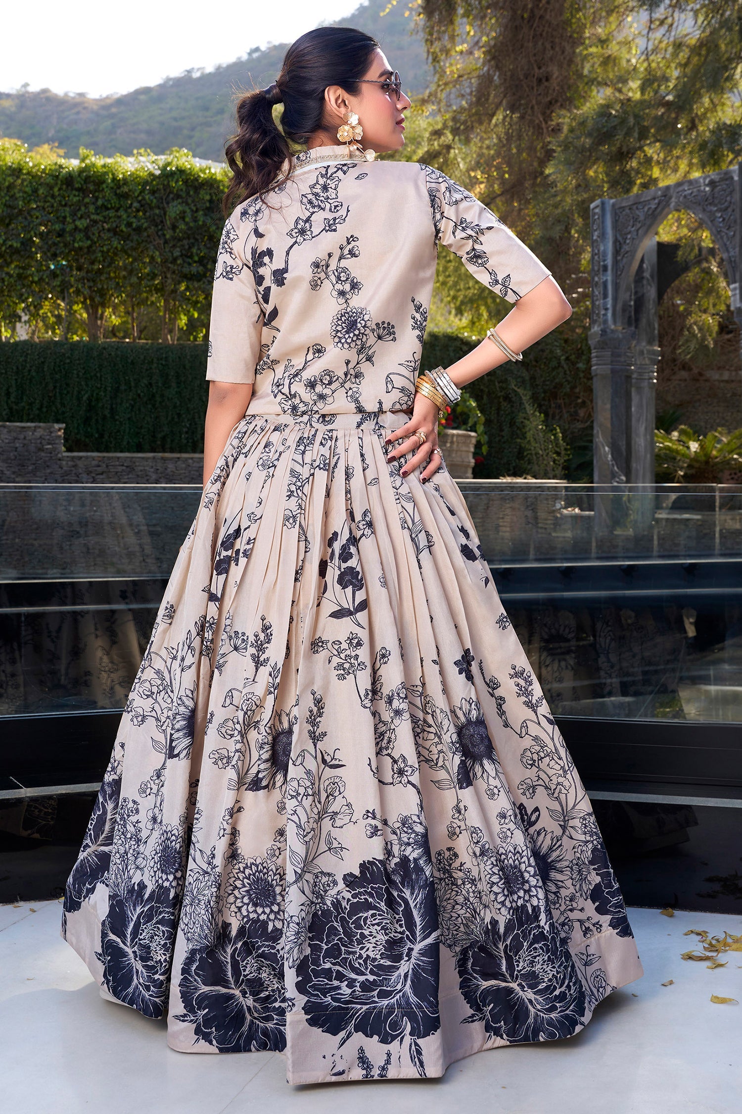 Off White Tussar Silk Floral Print Crop Top Lehenga with Jacket