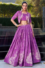 Purple Tussar Silk Floral Printed Crop Top Lehenga with Jacket